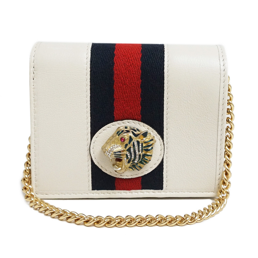 Gucci Raja Tiger Bifold Chain Wallet Leather Canvas White